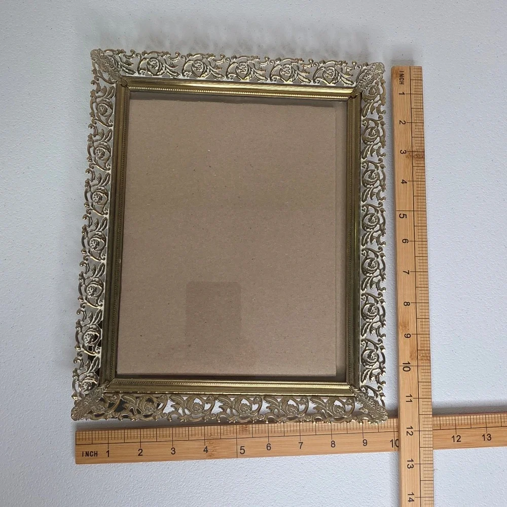 Vintage 60s Picture Frame 8x10 Gold Ornate Filigree Metal Scroll Cottagecore